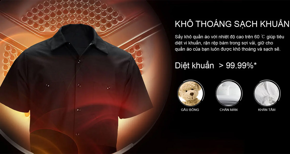 Máy sấy thông hơi AQUA 7 Kg AQH-V700F có khả năng diệt khuẩn đến 99,99%