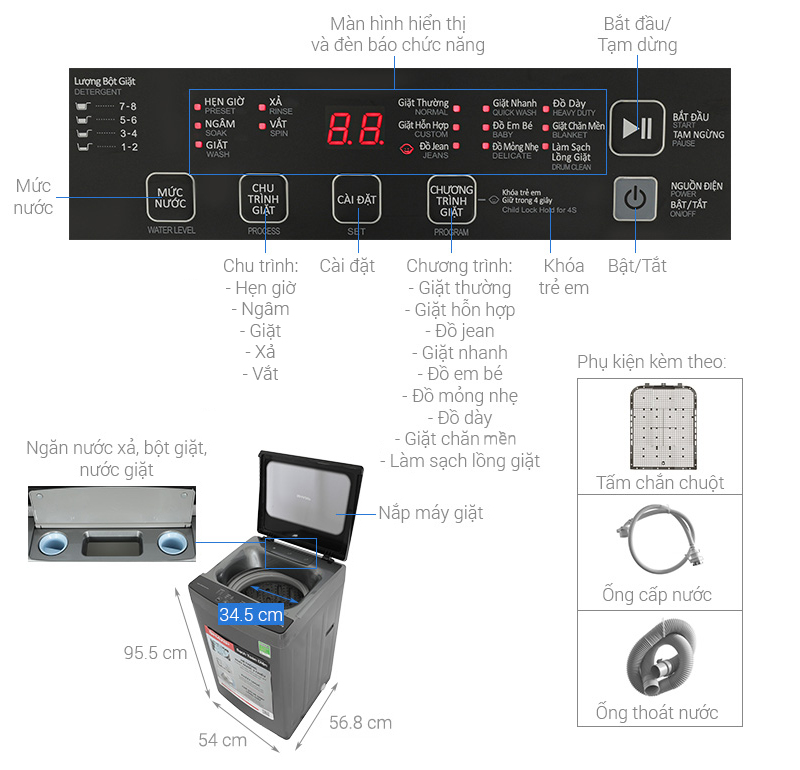 Máy giặt Sharp 10 kg ES-W10NV-GY