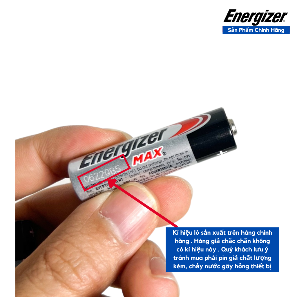 Nhãn xanh mặt trước vỉ pin Energizer chính hãng