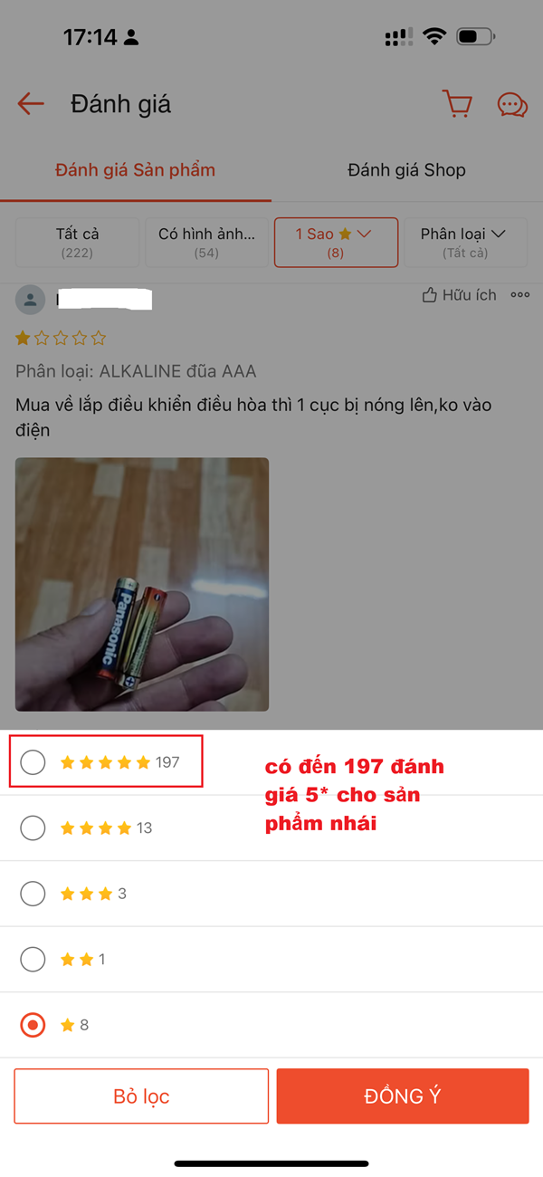 Đánh giá 5 sao pin giả