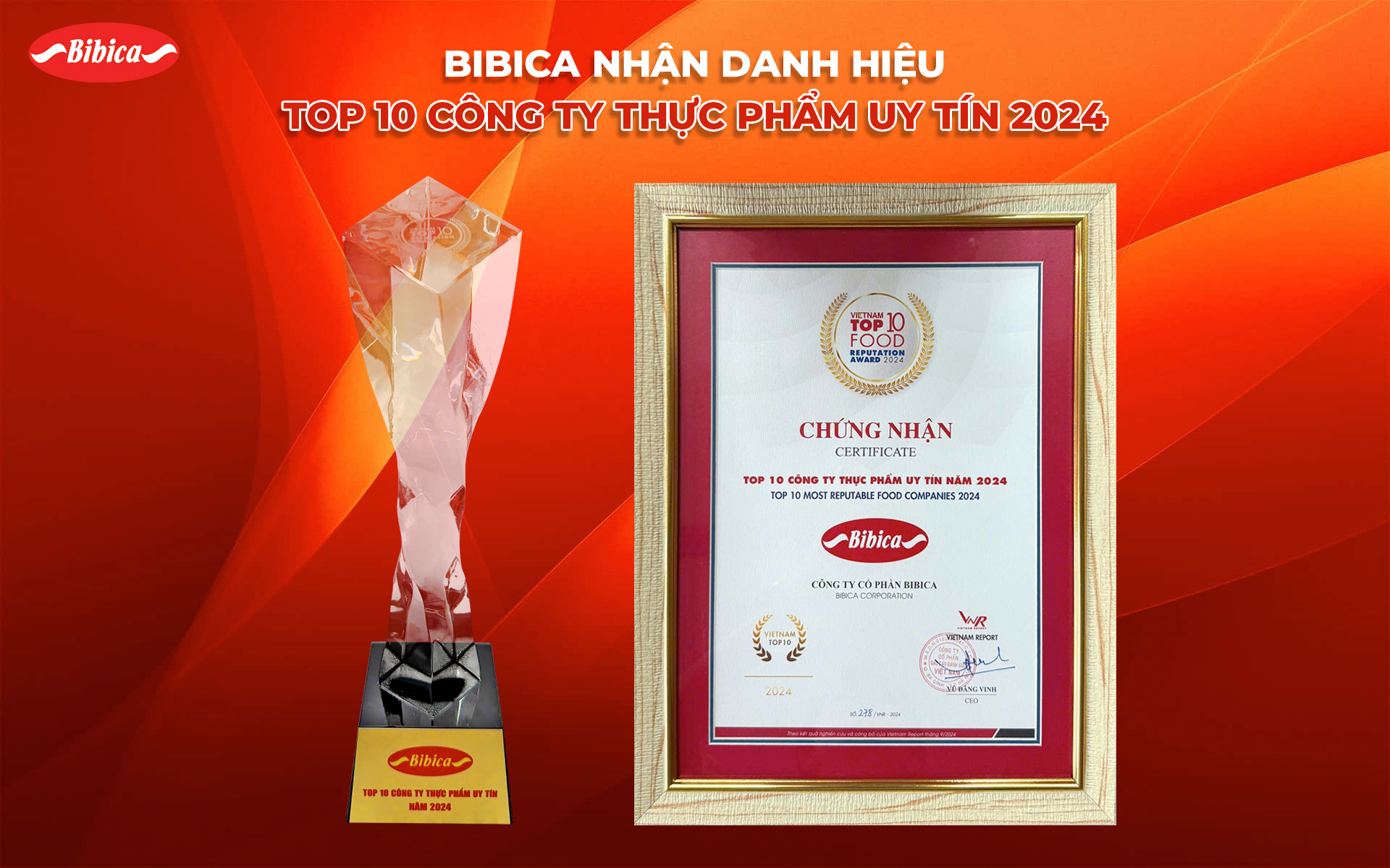 Cup và bằng chứng nhận Top 10 Công ty Thực phẩm uy tín năm 2024 Công ty CP Bibica