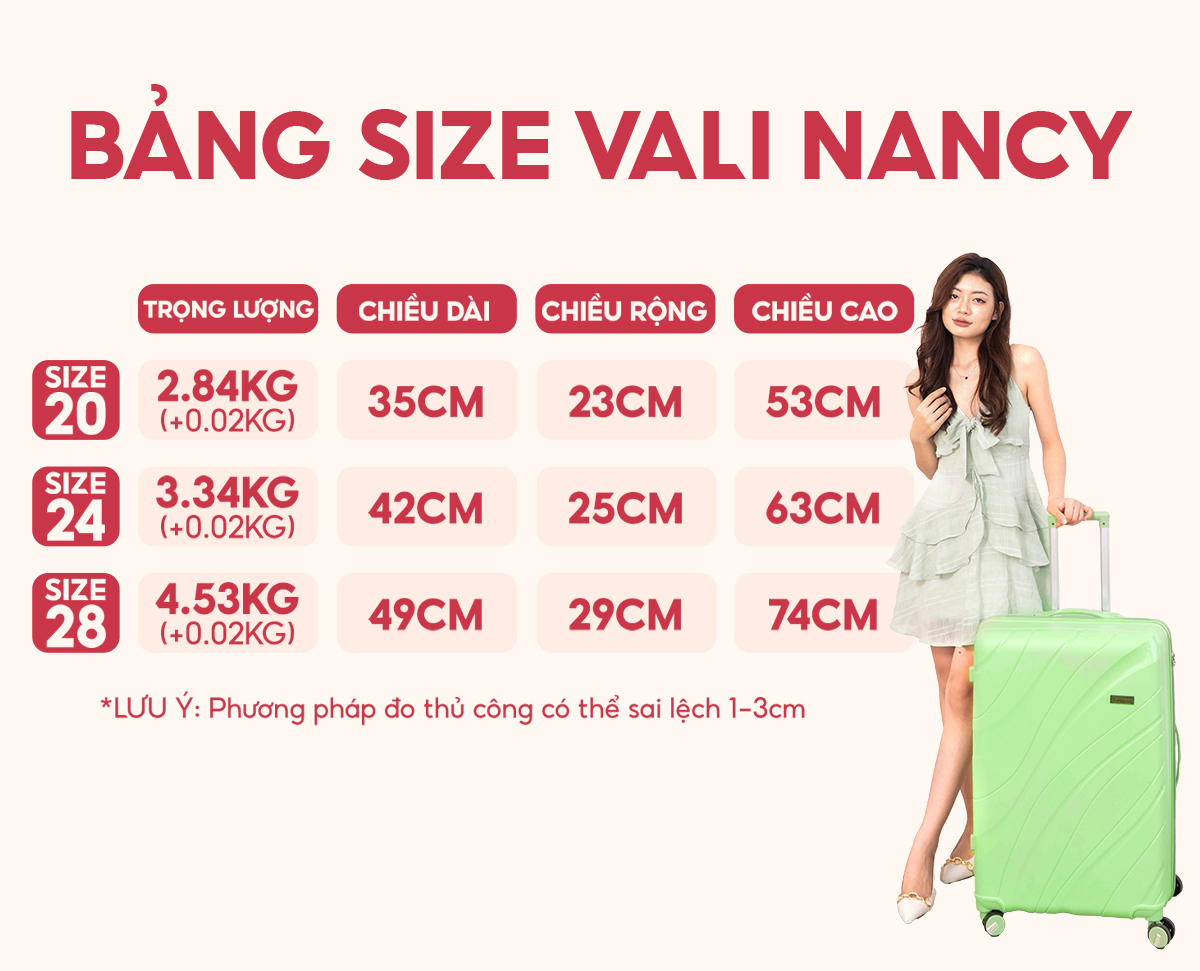 Bảng size vali siêu nhẹ Nancy