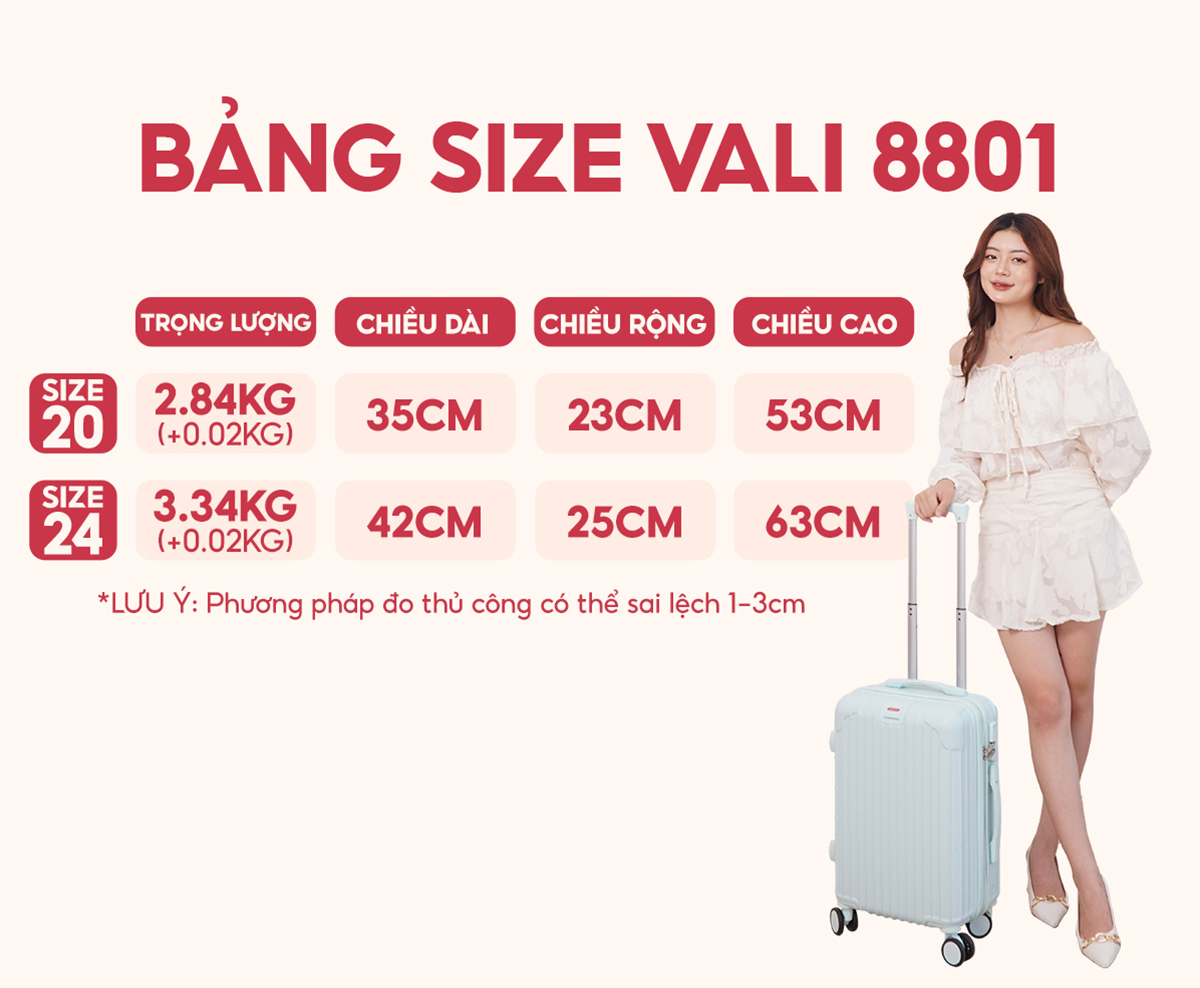 Bảng size vali kéo du lịch Bamozo 8801