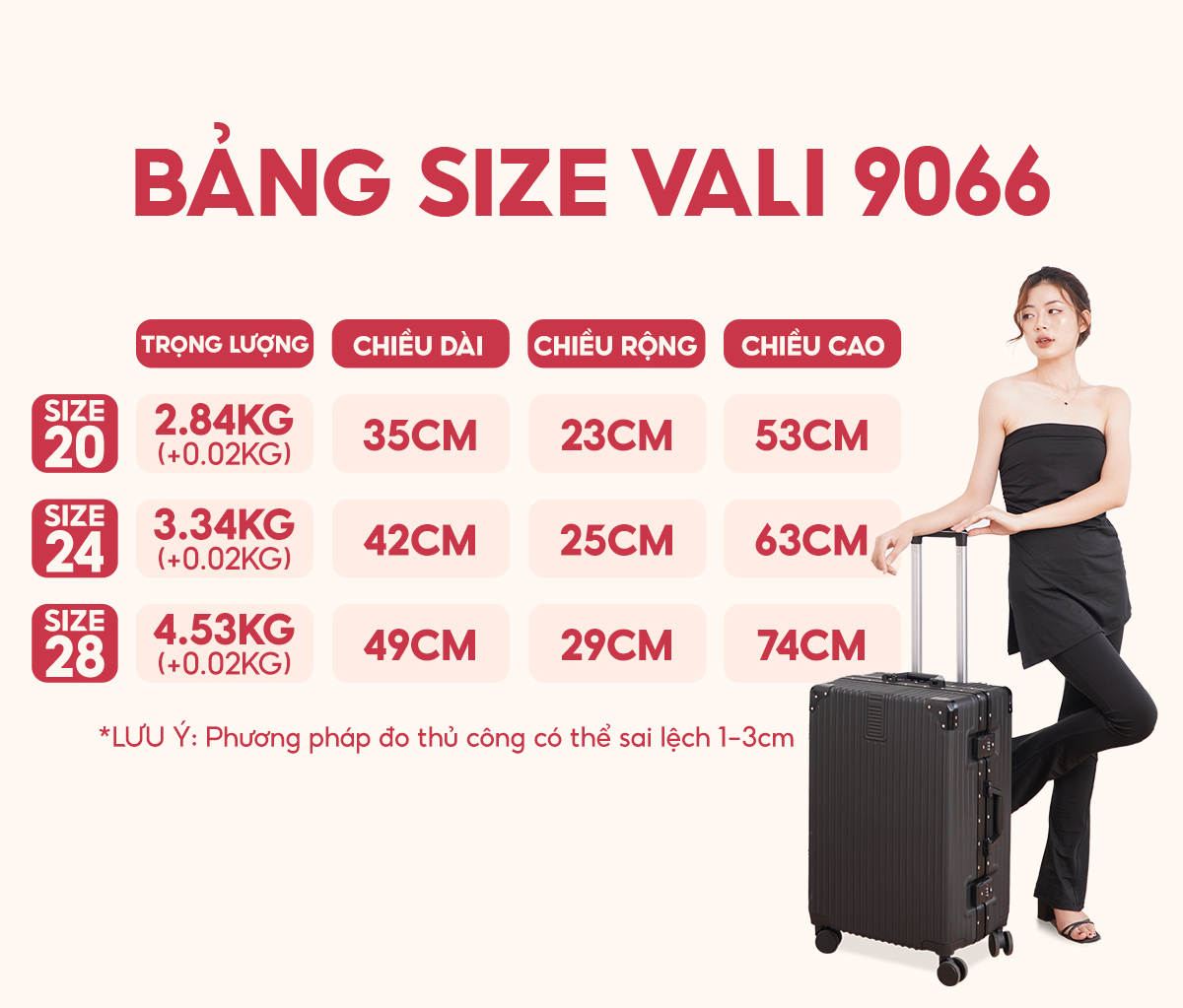 Bảng size vali khung nhôm Bamozo 9066C Cao Cấp