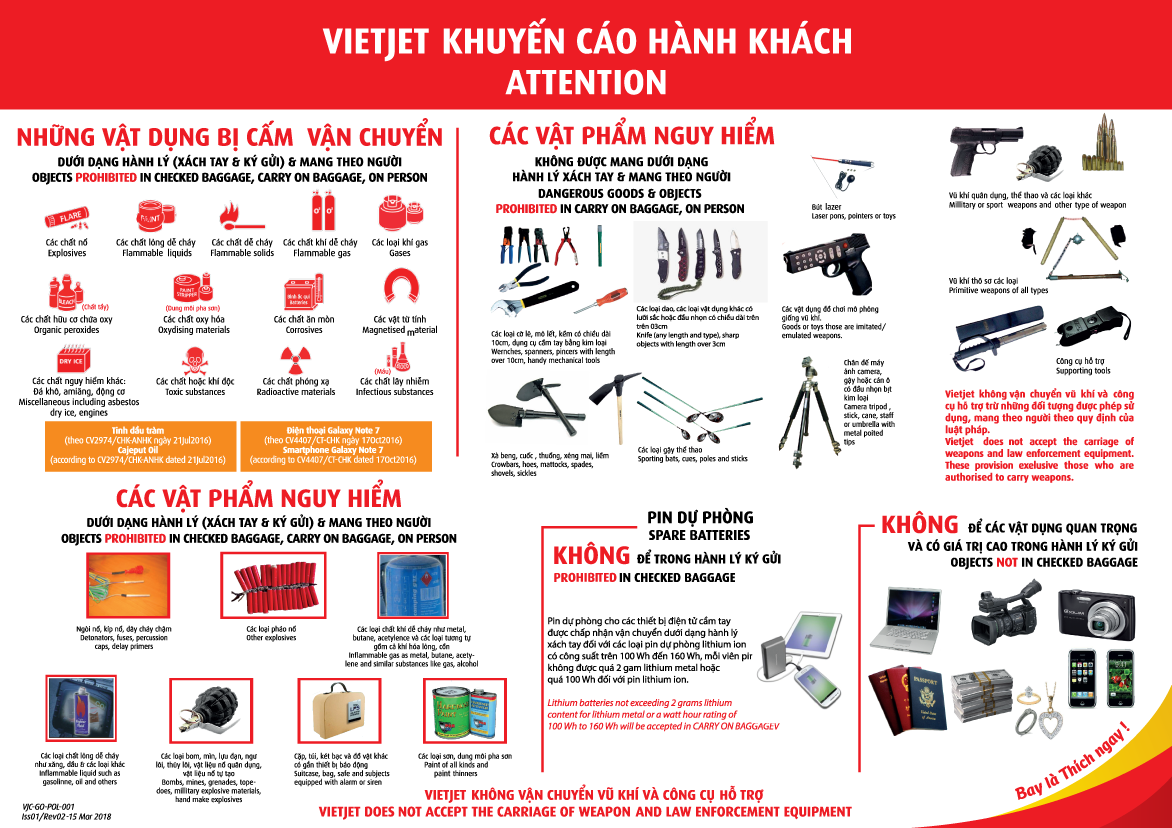 Những vật dụng Vietjet không cho phép mang trong hành lý ký gửi, hành lý xách tay