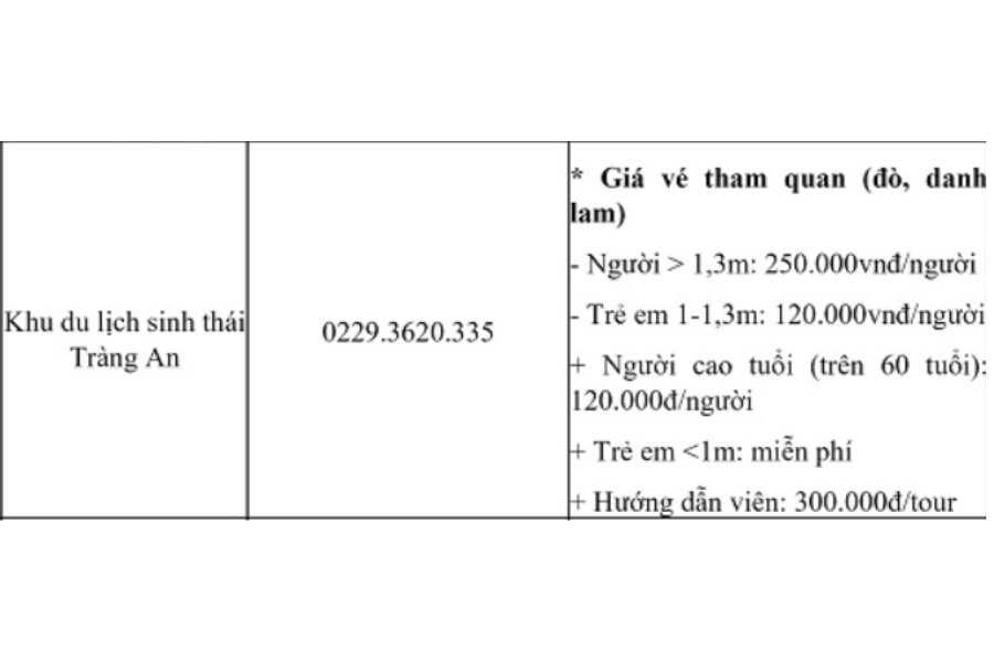 Bảng giá khu du lịch Tràng An Ninh Bình