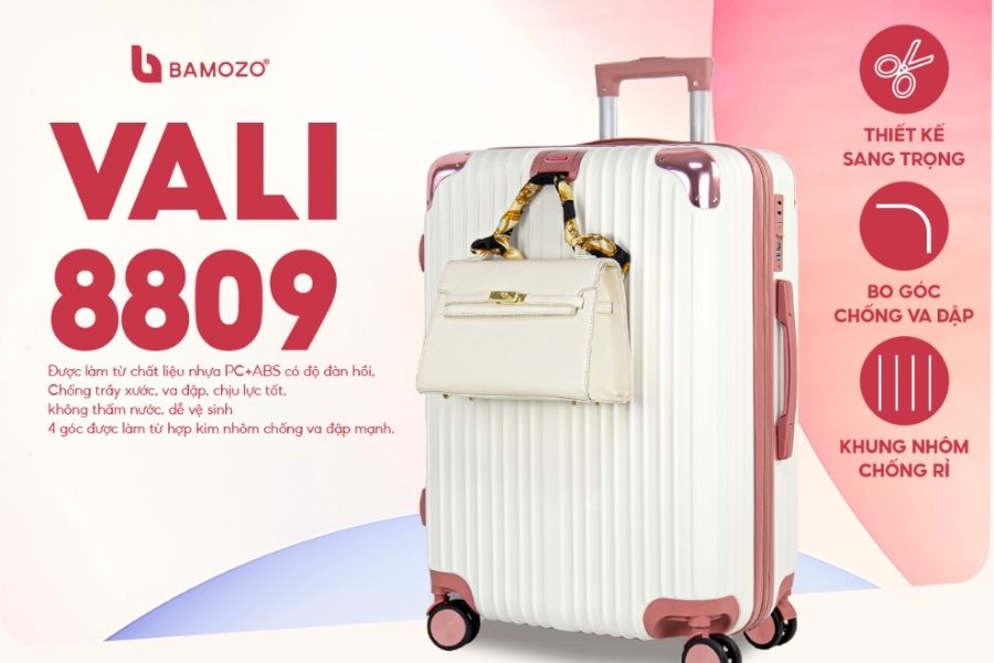 Vali nhựa kéo Bamozo 8809 màu trắng hồng