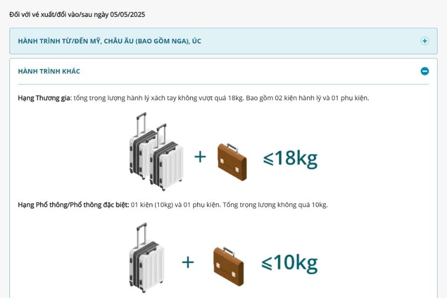 Quy định về hành lý xách tay của Vietnam Airlines