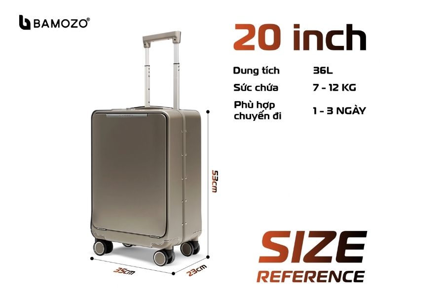 Kích thước vali Vero size 20 inch thương hiệu Bamozo