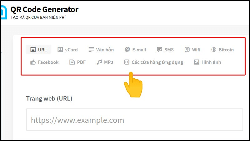 Hãy chọn định dạng mà bạn muốn chuyển đổi thành mã QR.