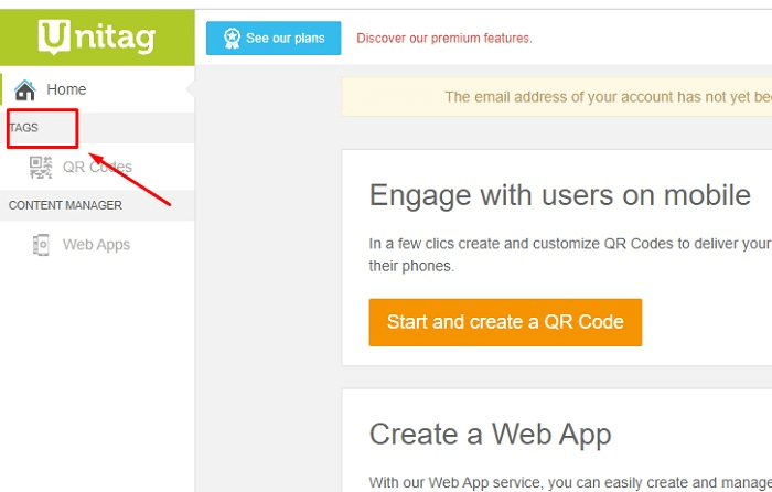Chọn mục tags ở góc trái màn hình để tạo mã QR.