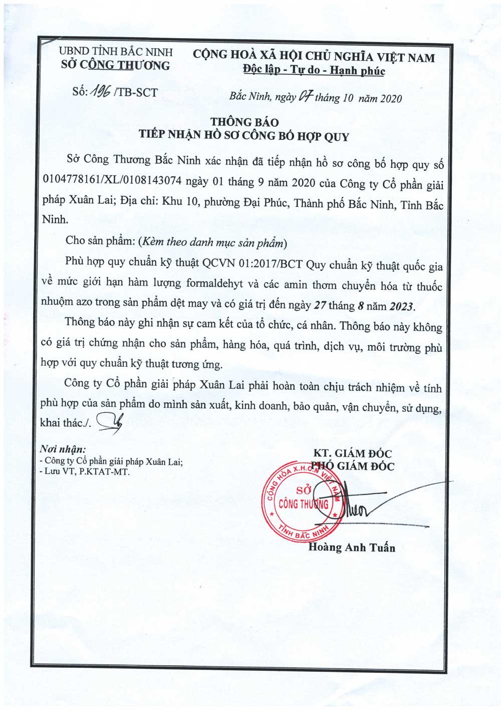 Giấy chứng nhận hợp quy sản phẩm Khẩu trang của sở công thương Bắc Ninh