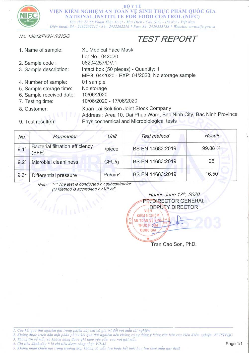 Phiếu kiểm nghiệm EN14683 khẩu trang Xuân Lai