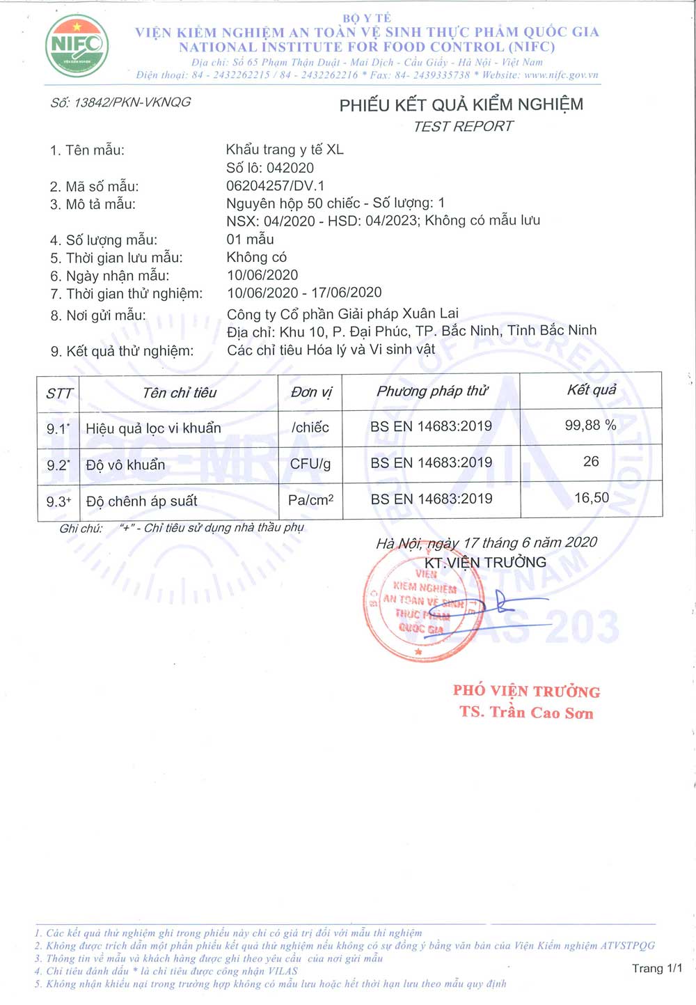 Test Report EN14683 khẩu trang Xuân Lai