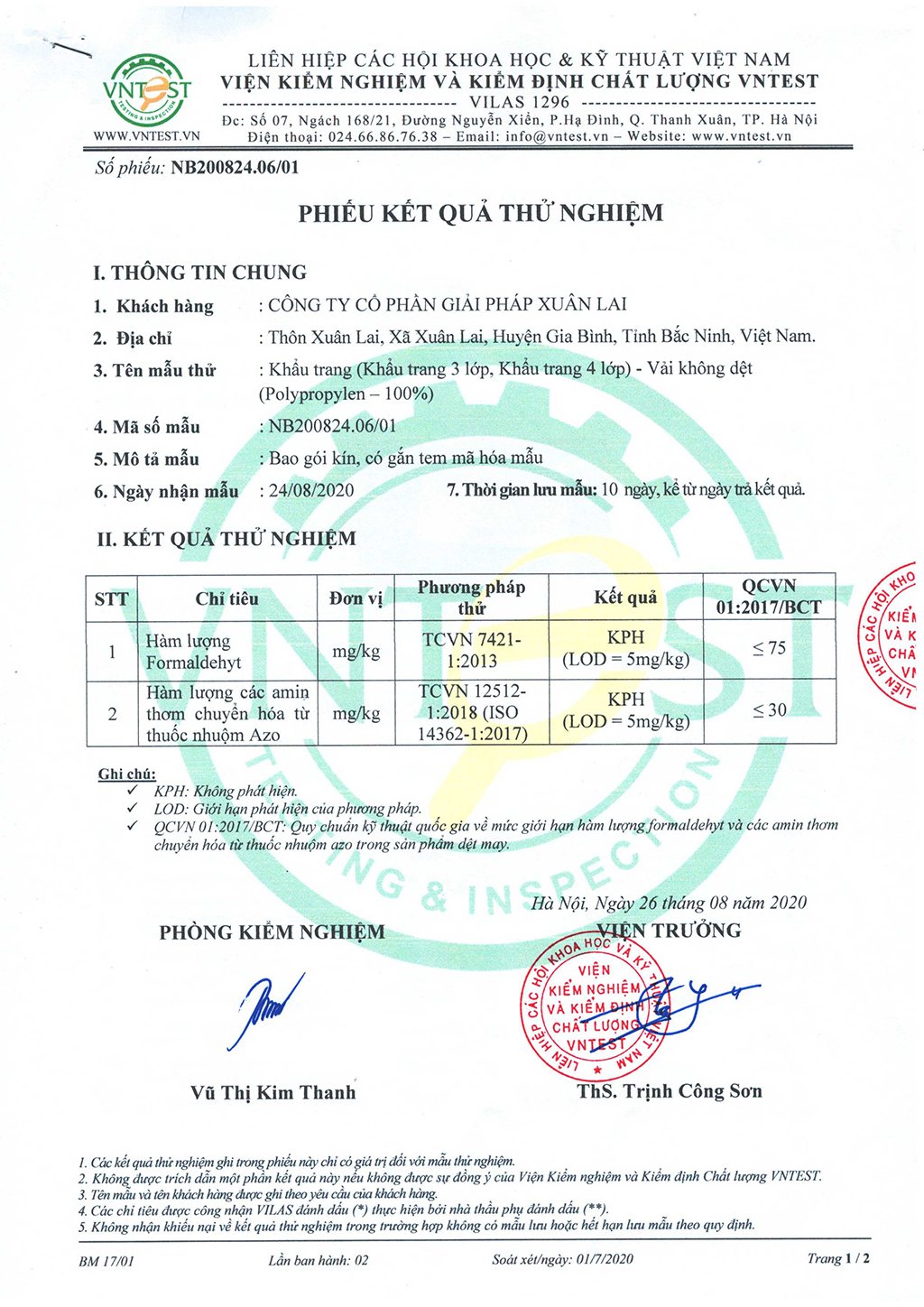 Kết quả thử nghiệm Khẩu trang vải không dệt khẩu trang Xuân Lai