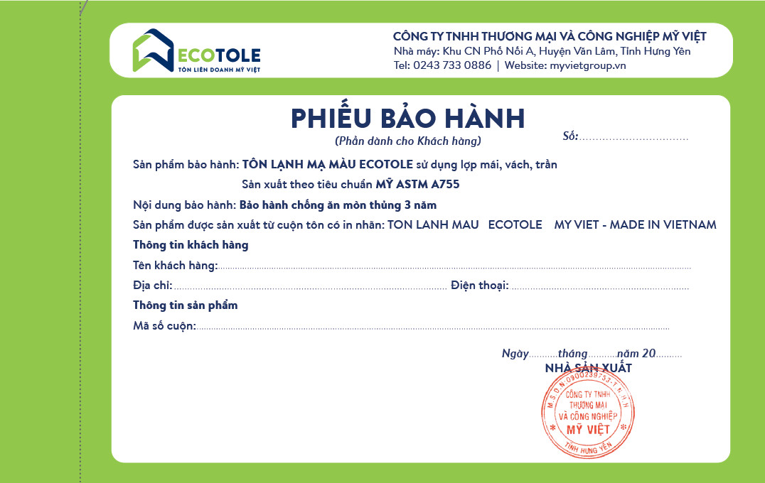 Tôn Ecotole được bảo hành trong 3 năm