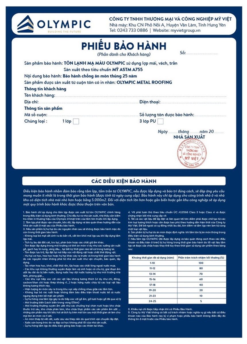 Phiếu bảo hành kèm theo khi mua tôn Olympic chính hãng