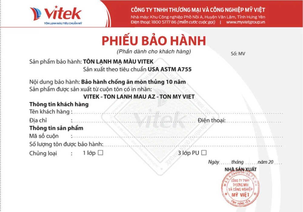 Thời gian bảo hành đối với tôn Vitek chính hãng là 10 năm