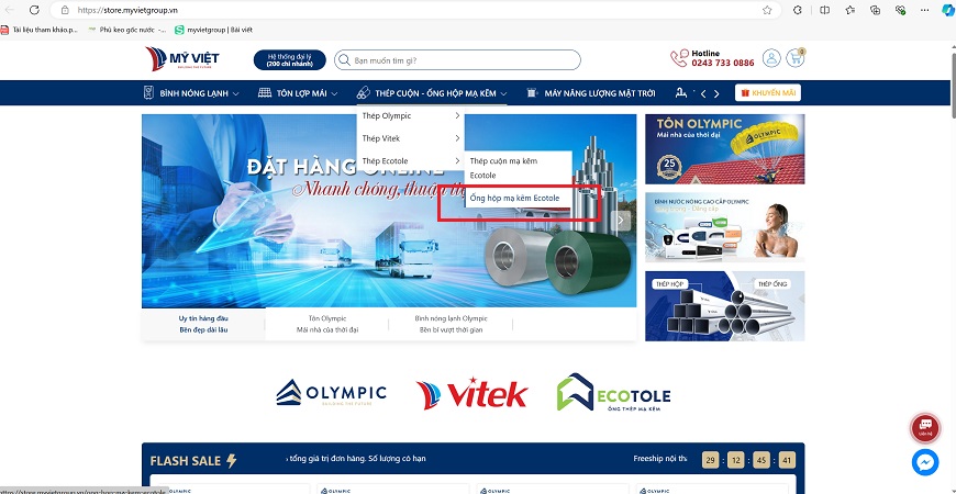 Mua thép hộp mạ kẽm Ecotole trực tuyến thông qua sàn thương mại điện tử tại Mỹ Việt Store