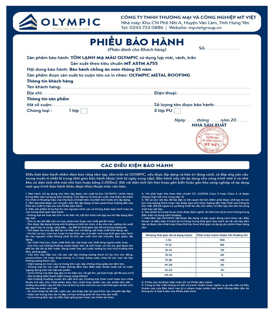 Phiếu bảo hành tôn Olympic chính hãng