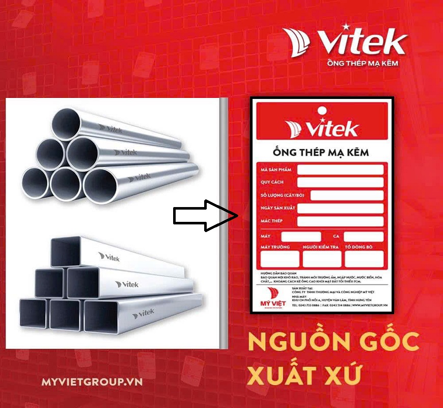 Tem nhãn của ống thép hộp Vitek hàng chính hãng được in ấn sắc nét và thông tin nguồn gốc xuất xứ đầy đủ