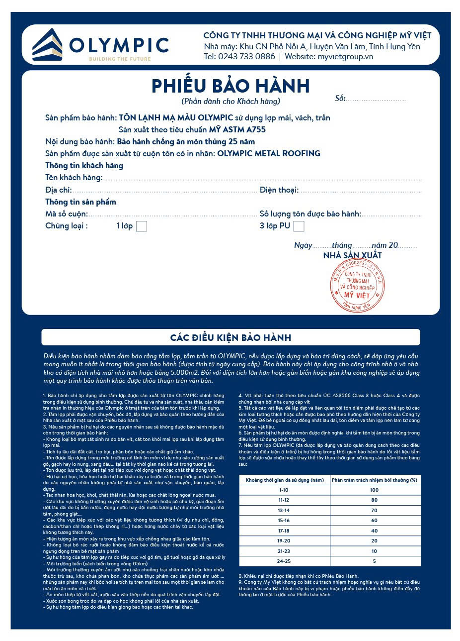 Tôn lợp mái Olympic có chính sách bảo hành lên đến 25 năm