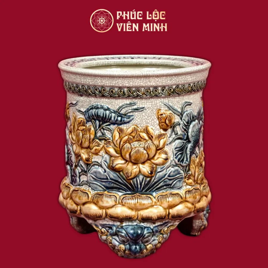 Bát Hương 3 Chân Song Long Chầu Nguyệt Men Rạn Gốm Sứ Bát Tràng - Phúc Lộc Viên Minh