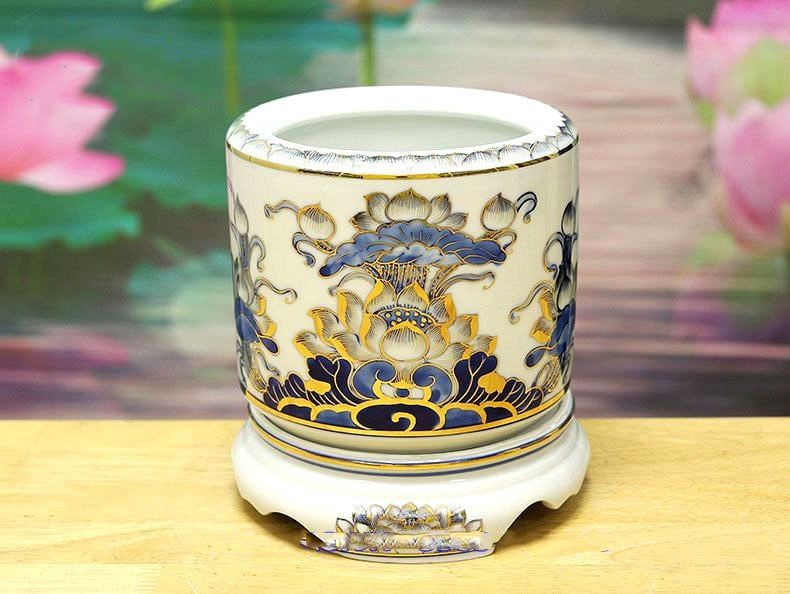 Bát Hương Hoa Sen Vẽ Vàng - Gốm Sứ Phúc Lộc Viên Minh