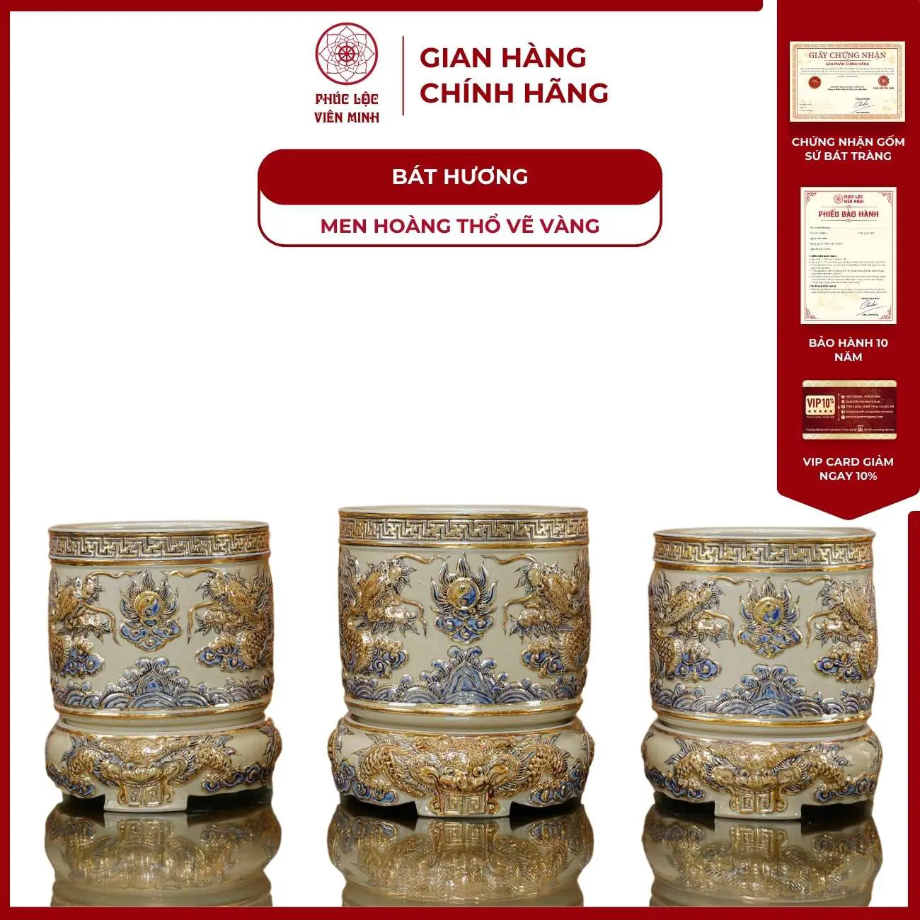 Bát Hương Họa Tiết Rồng Men Hoàng Thổ Vẽ Vàng Gốm Sứ Bát Tràng - Phúc Lộc Viên Minh