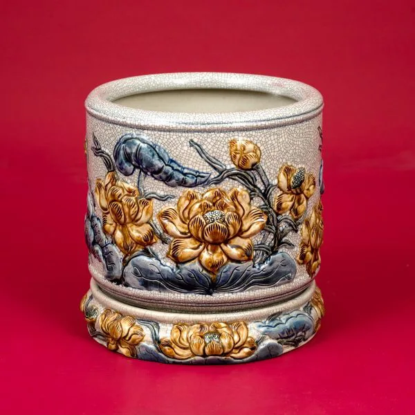 Bát Hương Men Rạn Đắp Nổi Sen Cao Cấp Bát Tràng - Gốm Sứ Phúc Lộc Viên Minh