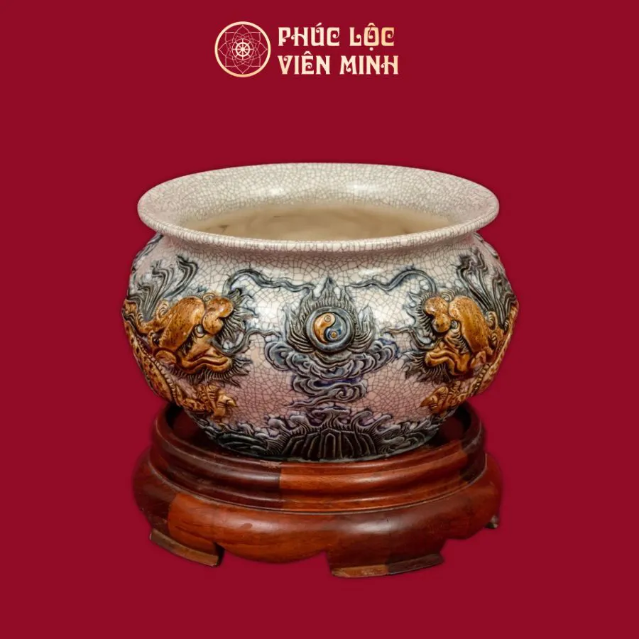 Bát Hương Quả Lựu Song Long Chầu Nguyệt Men Rạn Gốm Sứ Bát Tràng - Phúc Lộc Viên Minh