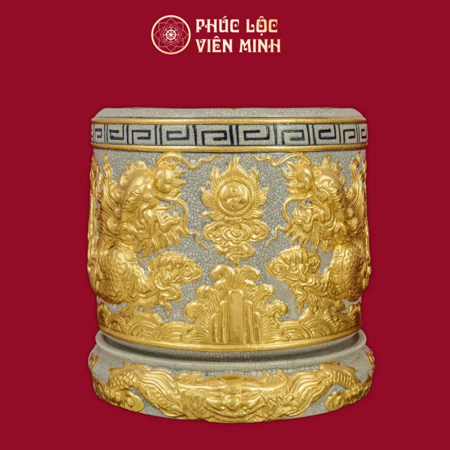Bát Hương Song Long Chầu Nguyệt Men Rạn Dát Vàng Tây Gốm Sứ Bát Tràng - Phúc Lộc Viên Minh