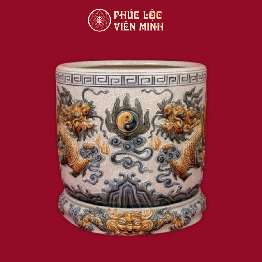 Bát Hương Song Long Chầu Nguyệt Men Rạn Gốm Sứ Bát Tràng - Phúc Lộc Viên Minh