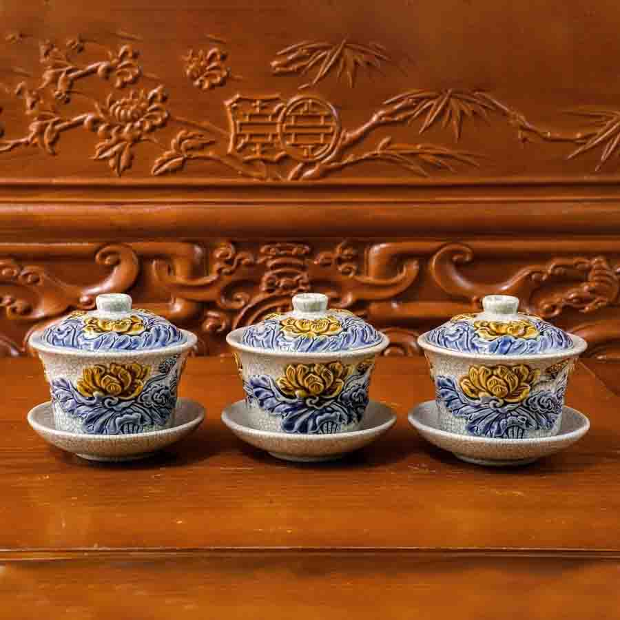 Bát Sâm Hoa Sen Đắp Nổi Men Rạn Bát Tràng - Gốm Sứ Phúc Lộc Viên Minh