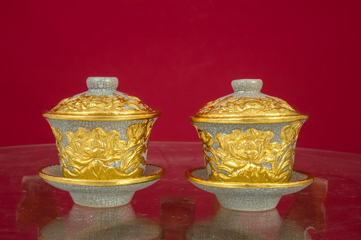 Bát Sâm Sen Men Rạn Đắp Nổi Dát Vàng Cao Cấp Bát Tràng - Phúc Lộc Viên Minh