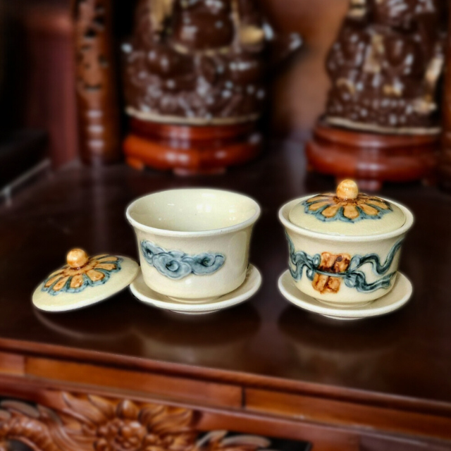 Bát Sâm Thờ Cúng Đắp Nổi Men Sứ Bát Tràng Cao Cấp - Phúc Lộc Viên Minh