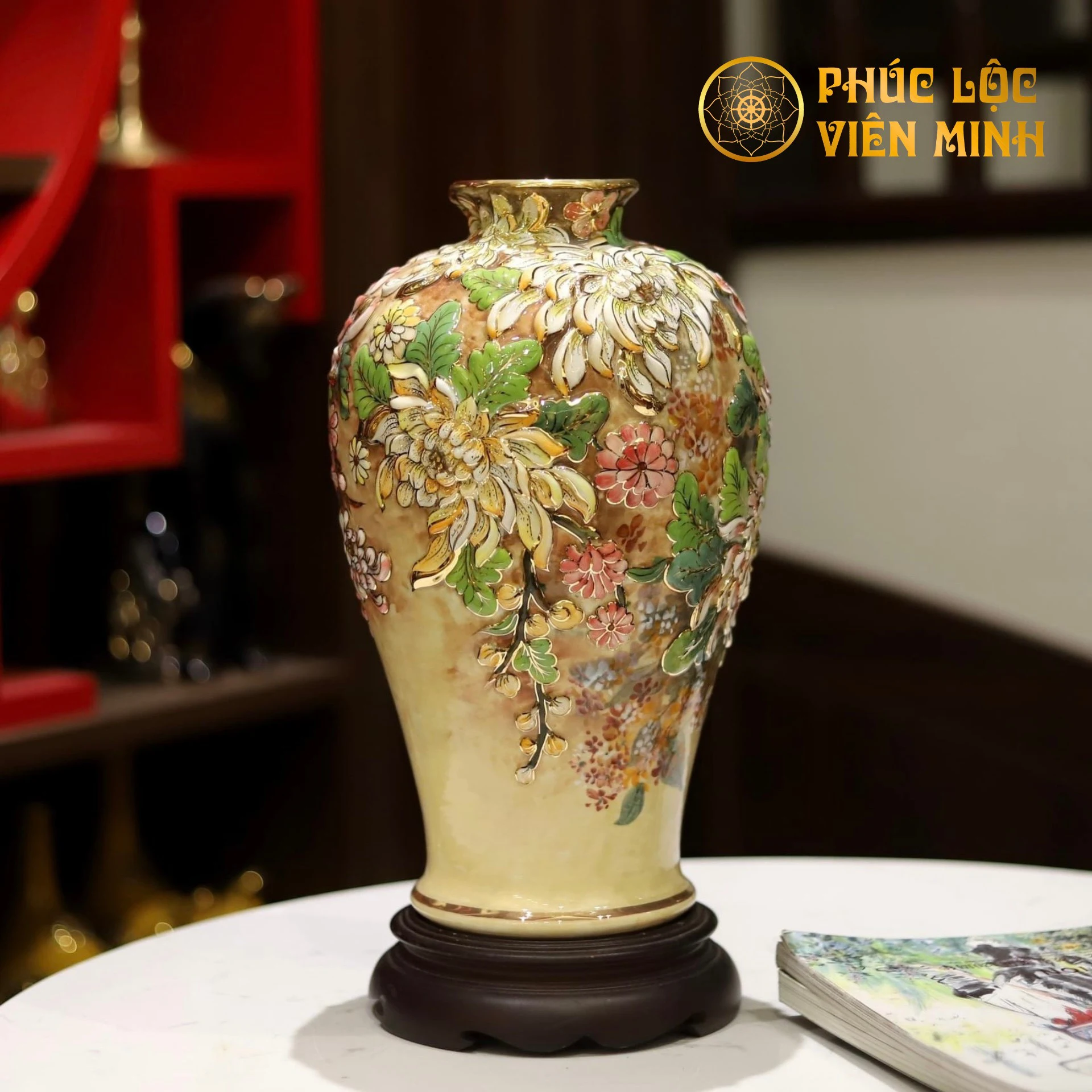 Bình Hoa Cao Cấp Đắp Nổi Độc Bản Gốm Sứ Bát Tràng - Phúc Lộc Viên Minh