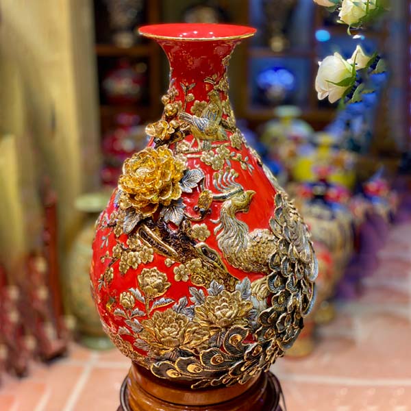 Bình Hoa Gốm Sứ Bát Tràng Công Đào Đắp Nổi Vàng Kim 24k - Phúc Lộc Viên Minh