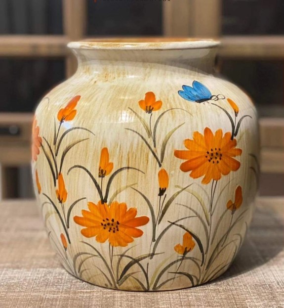 Bình Hoa Gốm Sứ Bát Tràng Hoạ Tiết Hoa Cúc - Phúc Lộc Viên Minh