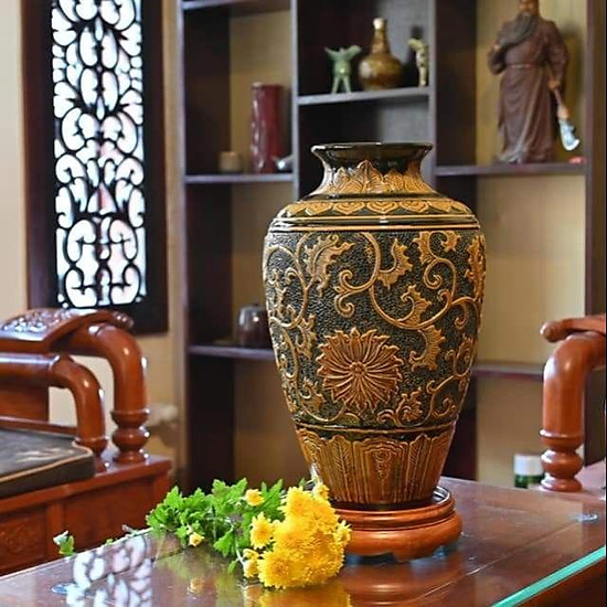 Bình Hoa Khắc Nổi Hoa Dây Men Hoàng Thổ - Gốm Sứ Bát Tràng Cao Cấp - Phúc Lộc Viên Minh