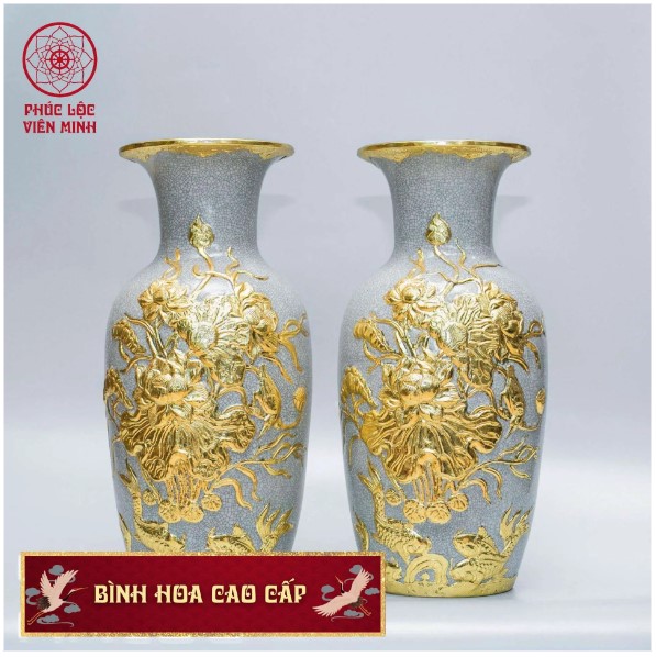 Bình Hoa Thờ Đắp Nổi Gốm Sứ Bát Tràng