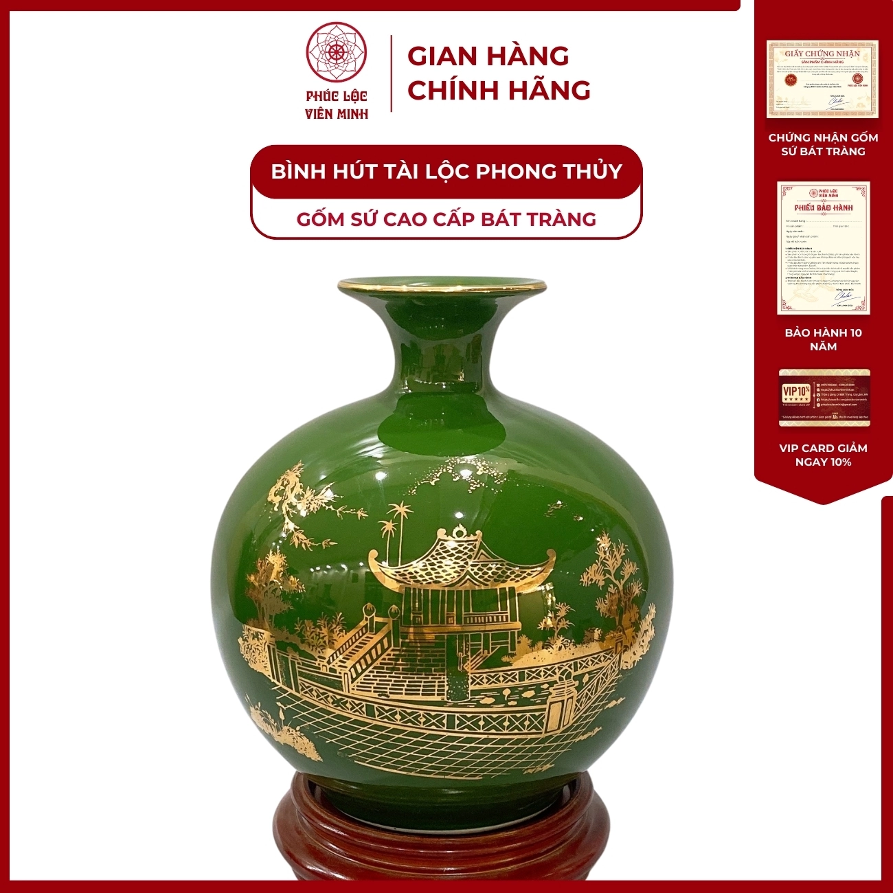 Bình Hút Lộc Chùa Một Cột Dán Decal Vàng Kim Gốm Sứ Bát Tràng - Phúc Lộc Viên Minh