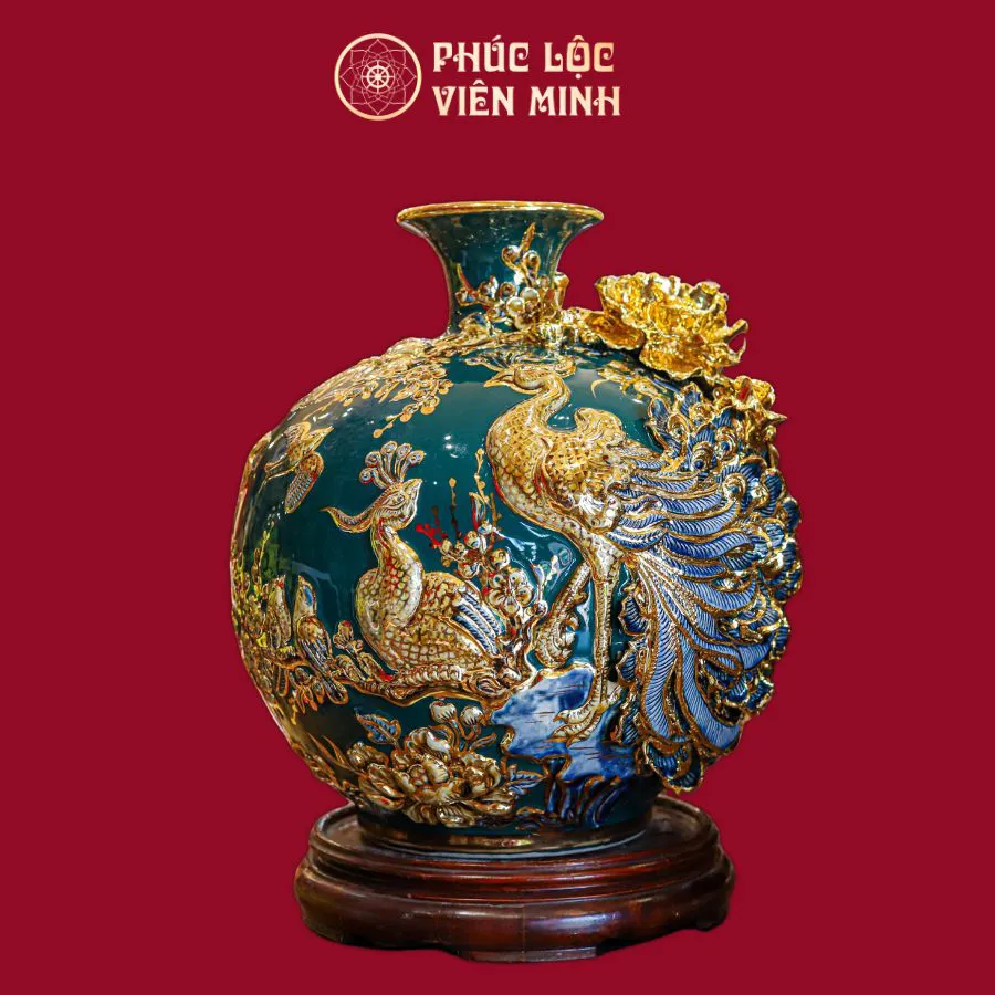 Bình Hút Lộc Công Danh Phú Quý Men Xanh Lục Bảo Vẽ Vàng Gốm Sứ Bát Tràng - Phúc Lộc Viên Minh