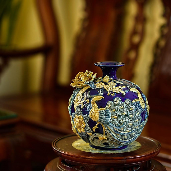 Bình Hút Lộc Công Thành Danh Toại Men Xanh Coban Vẽ Vàng - Gốm Sứ Bát Tràng - Phúc Lộc Viên Minh