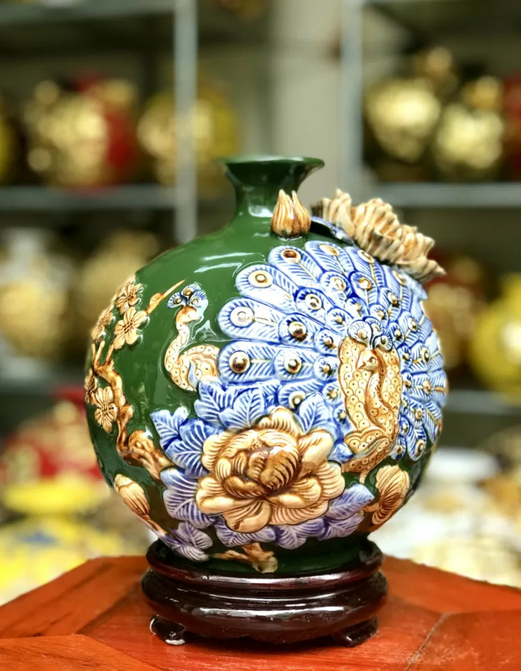 Bình Hút Lộc Men Ngọc Lục Bảo Vẽ Vàng - Gốm Sứ Bát Tràng - Phúc Lộc Viên Minh