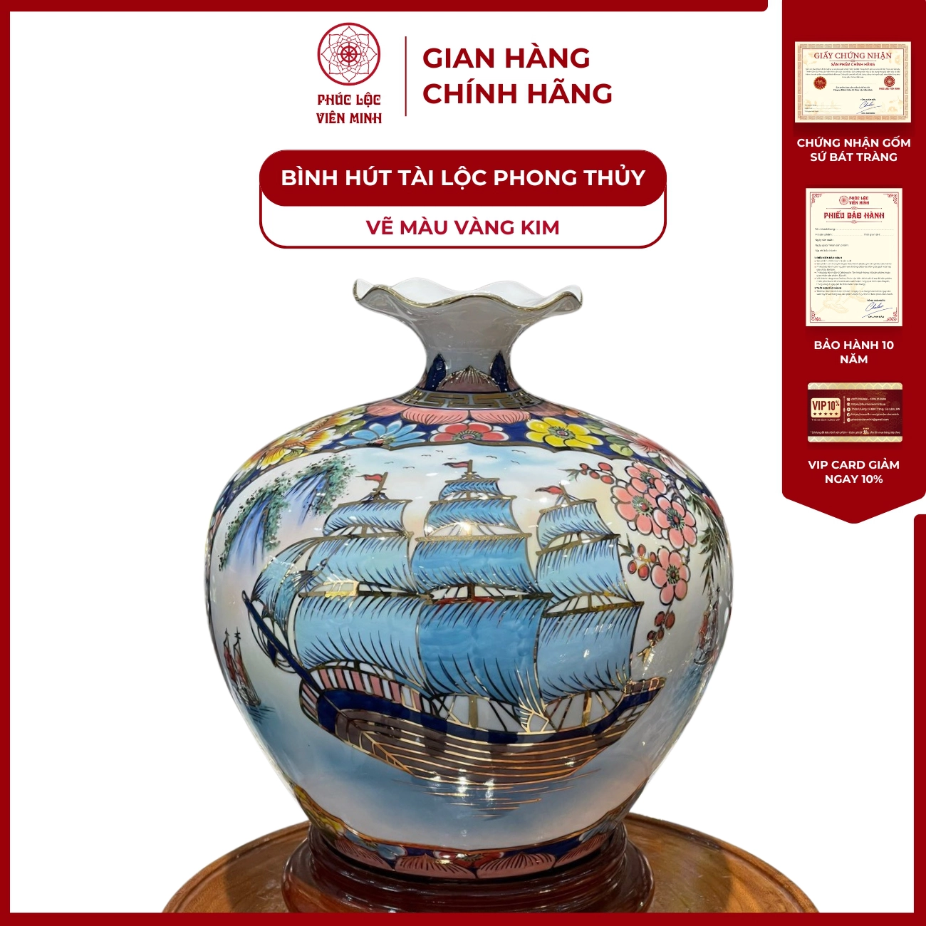 Bình Hút Lộc Nhị Cảnh Vẽ Màu Vàng Kim Gốm Sứ Bát Tràng - Phúc Lộc Viên Minh