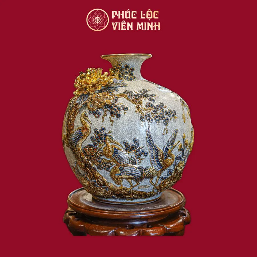 Bình Hút Lộc Tùng Hạc Diên Niên Men Rạn Vẽ Vàng Gốm Sứ Bát Tràng - Phúc Lộc Viên Minh