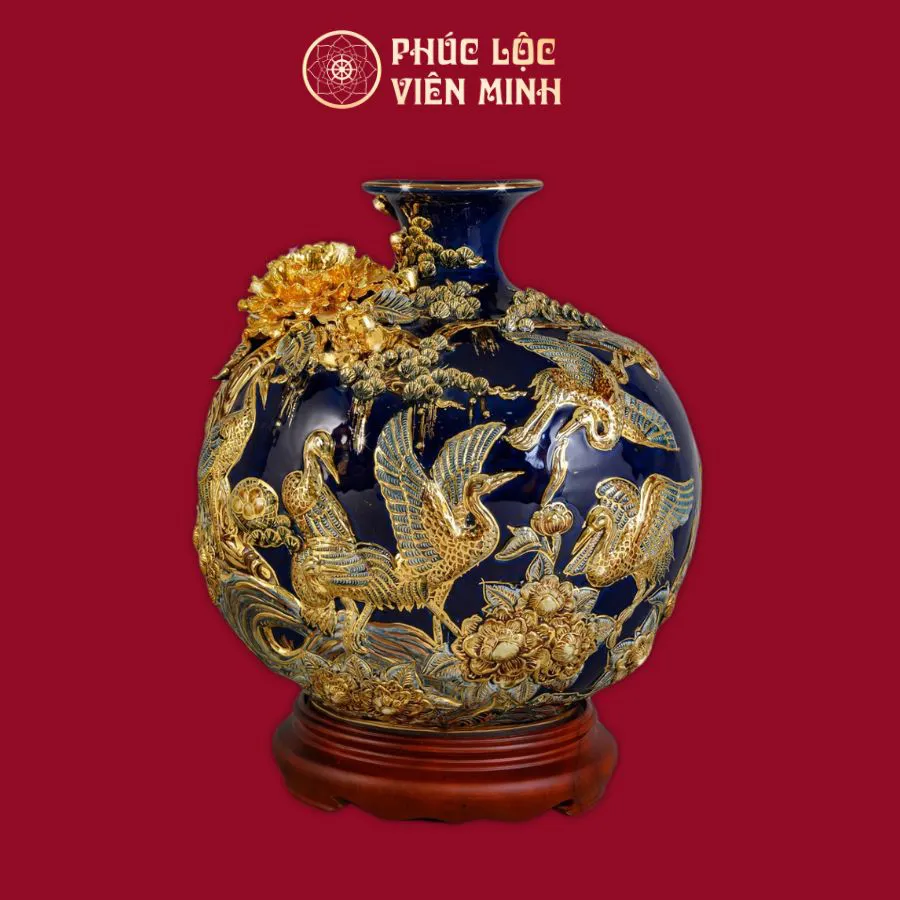 Bình Hút Lộc Tùng Hạc Diên Niên Men Xanh Coban Vẽ Vàng Gốm Sứ Bát Tràng - Phúc Lộc Viên Minh