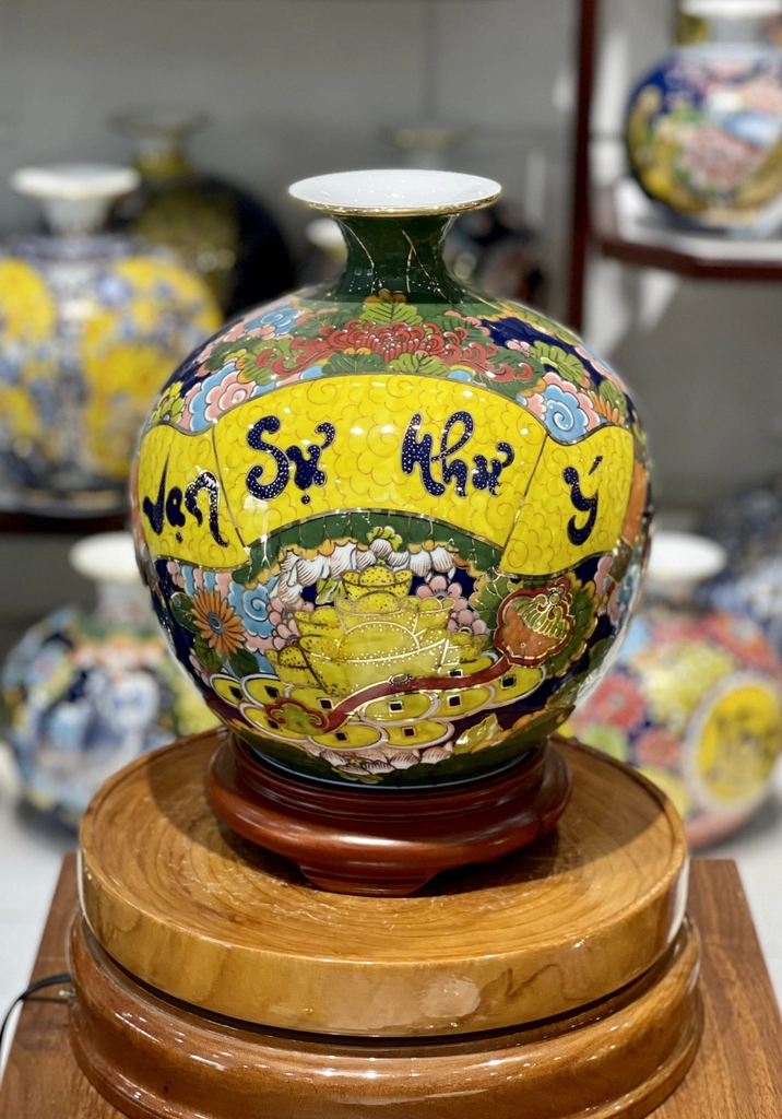 Bình Hút Tài Lộc Vạn Sự Như Ý Vẽ Vàng 24k - Gốm Sứ Bát Tràng - Phúc Lộc Viên Minh