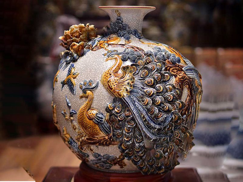 Bình Tài Lộc Gốm Sứ Bát Tràng Men Rạn Đắp Nổi Công Đào - Phúc Lộc Viên Minh